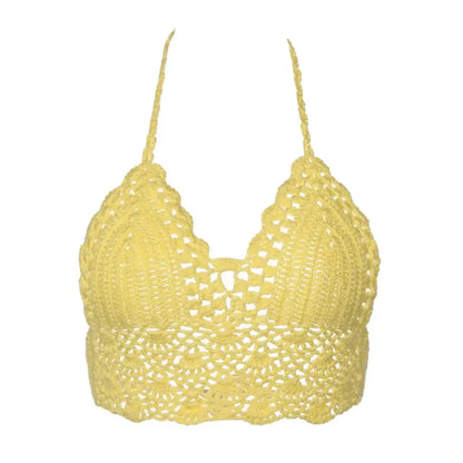 New Sexy Bikini Crop Top Crochet Boho Beach Camisoles Bikini Bralette Halter Cami Knitted Bra Women Backless Beachwear Tank Top
