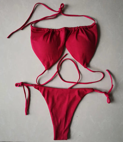 Summer Sexy Bikini set Push-up padded Bra Thong Split Swimwear Female Bandage Bathing Suit Adjustable Lacing Swimsuit Solid