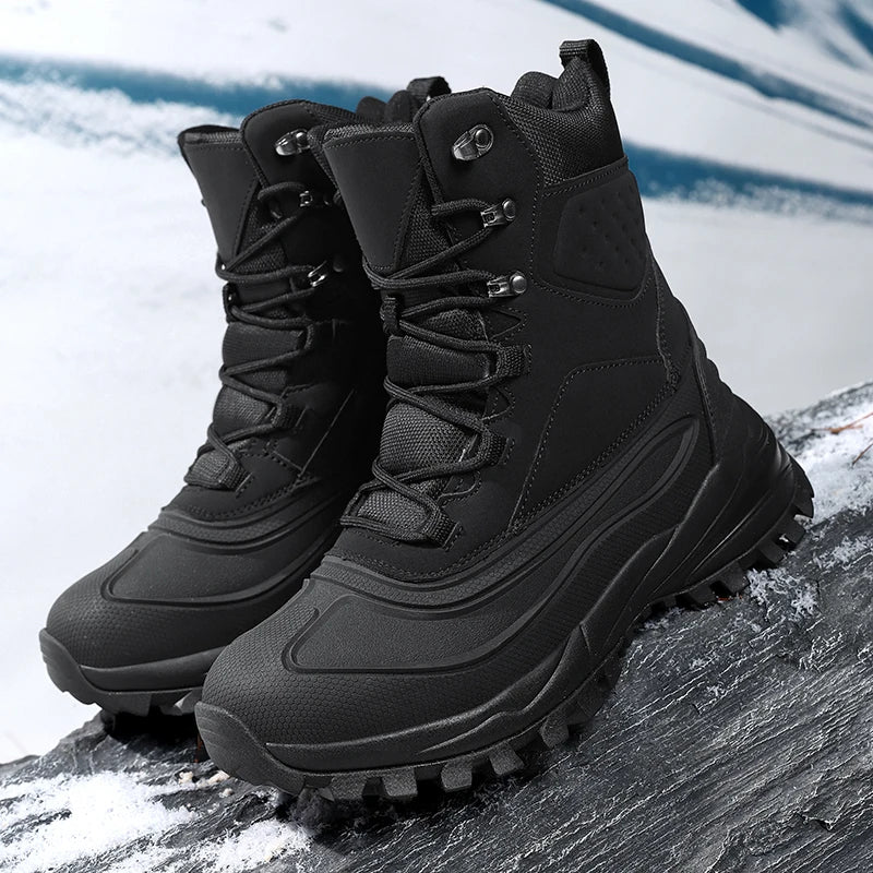 Men's Winter High-Top Snow Boots with Fleece Lining Thickened Waterproof Non-Slip Warm and Cold-Resistant Cotton Hiking Shoes