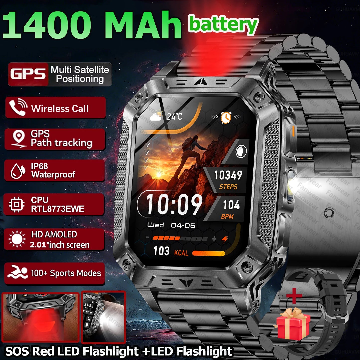 Robust military smart watch 1400Mah battery fitness tracking 10ATM waterproof tactical sports flashlight men's phone watch