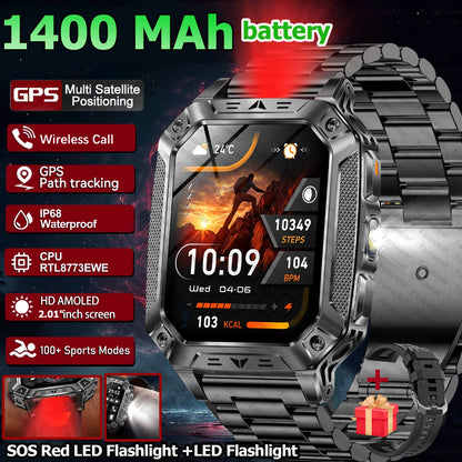 Robust military smart watch 1400Mah battery fitness tracking 10ATM waterproof tactical sports flashlight men's phone watch