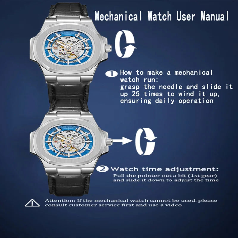 LONGLUX automatic mechanical watch outdoors simple luxury watches waterproof cheap wholesale skeleton leather mens watch gift