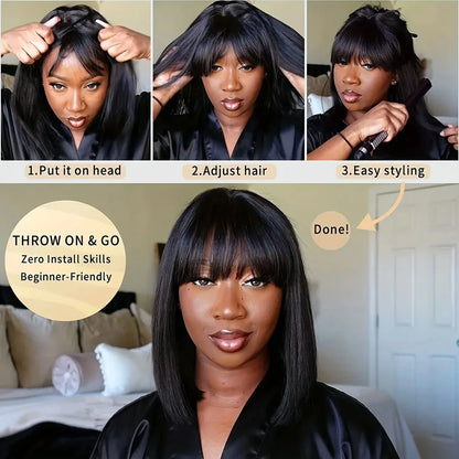 Straight Human Hair Wigs With Bangs Fringe Middle Part Bob Lace Wigs Realistic Scalp Brazilian Straight Bob Lace Wigs With Bangs