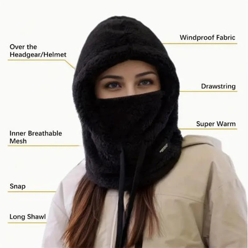 Women 3 in 1 Winter Thickened Beanie Warm Hat Scarf Facewear Set for Outdoor Riding Snowboarding Ski Windproof Cold Proof Caps