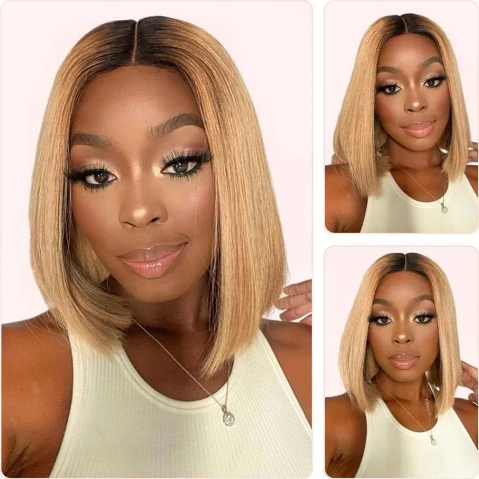 Ombre Straight Bob 13x6X2 Lace Front Wigs Human Hair Short Bob Wigs Ash Blonde Remy Hair Pre Plucked Glueless Wig with Bangs