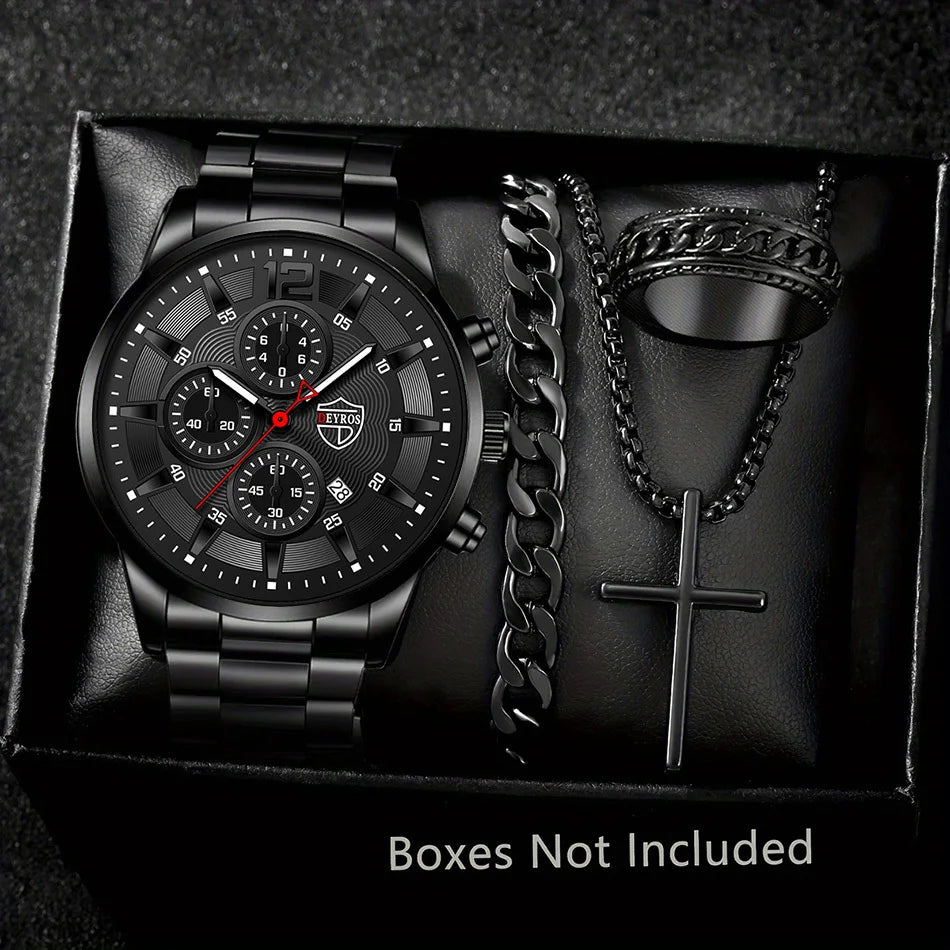 4-Piece Classic Black Men's Quartz Watch Set. Suitable for everyday wear.