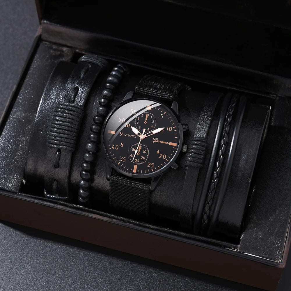 New Men's Watch Luxury Bracelet Multi Piece Set Fashion Business Black Leather Quartz Watch Men's Gift Set Reno Masculino