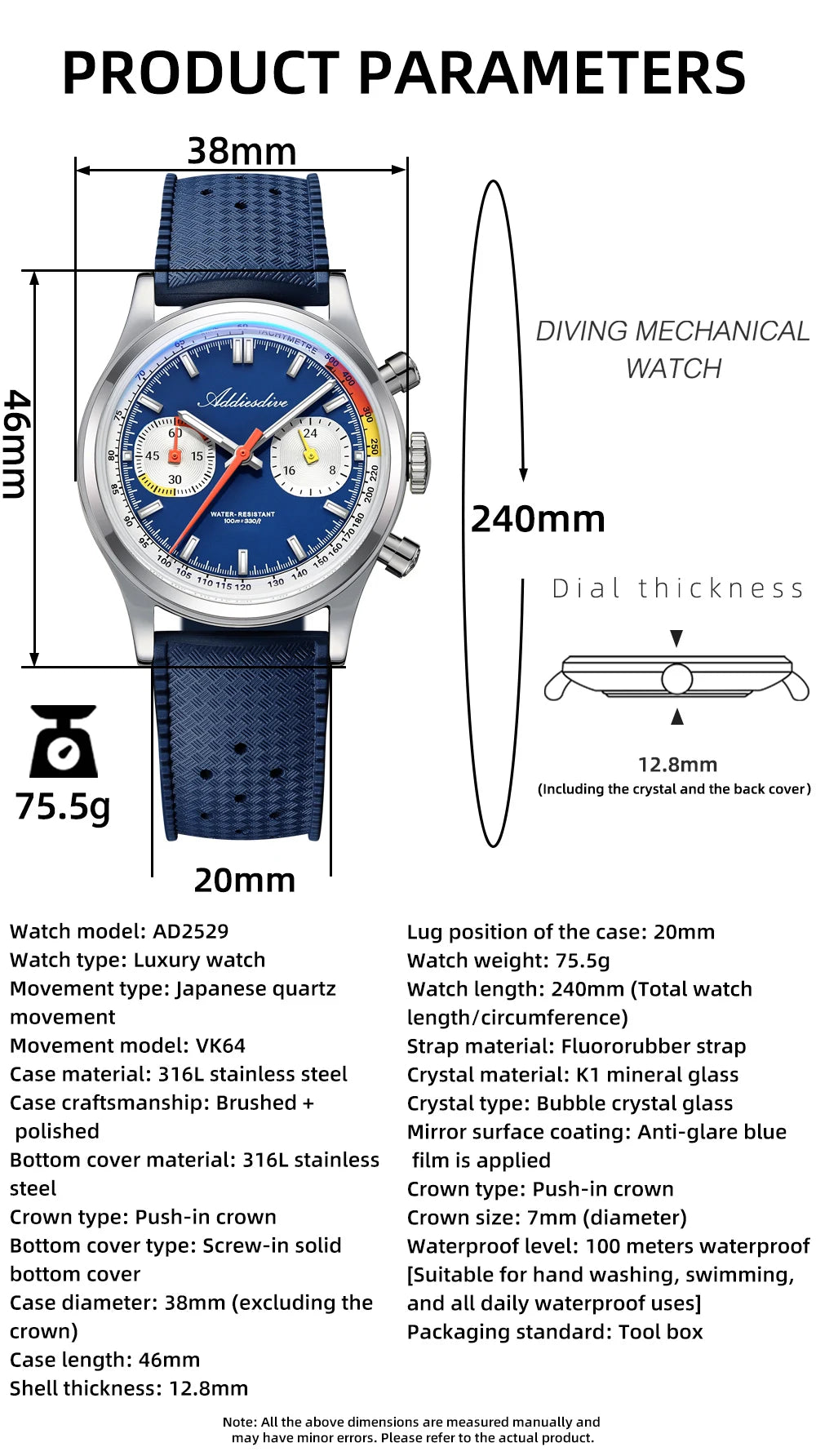 ADDIESDIVE New Men Watch 38mm VK64 Chronograph Fluororubber Luxury Domed Glass BGW9 Luminous 100m Waterproof Quartz Wristwatch