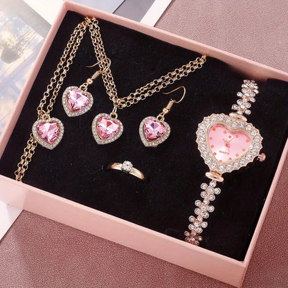 6pcs Women's Watch Rhinestone Heart Pointer Quartz Watch Cute Bracelet Wrist Watch &amp; Jewelry Set, Gift For Her