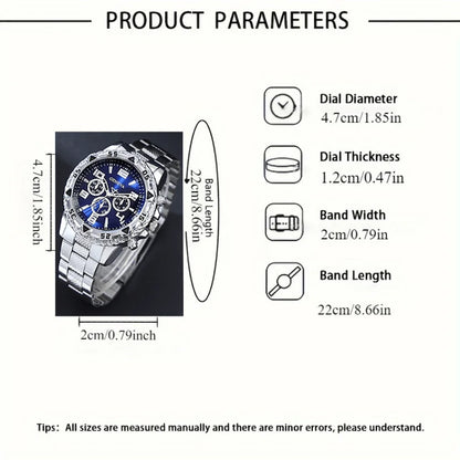 Classic Business Men's Watch Set, Quartz Round Dial Stainless Steel Strap Men's Watches, Ideal Gift Choice