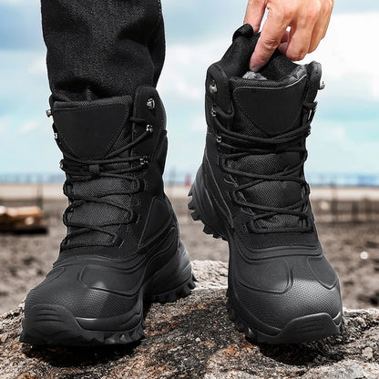 Men's Winter High-Top Snow Boots with Fleece Lining Thickened Waterproof Non-Slip Warm and Cold-Resistant Cotton Hiking Shoes