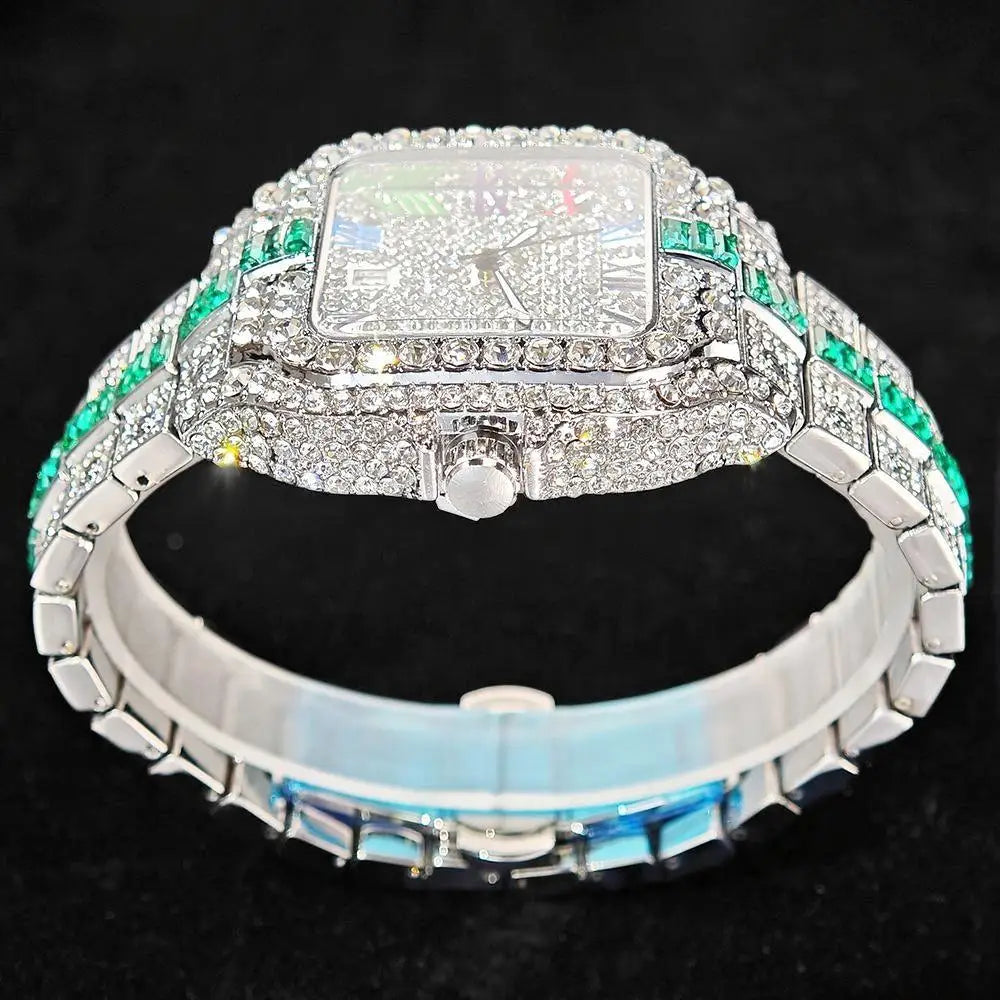 Hot Sale Blue Iced Watch For Man Fashion Colorful Roman Literal Quartz Watch Hip Hop Diamond Jewelry Square Wrist Watch Men Gift