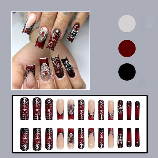 24pcs Punk Metal Style Halloween Fake Nails Long Press On Nails With 3D Silver Spider Decor Ballerina Spider Web False Nails Art
