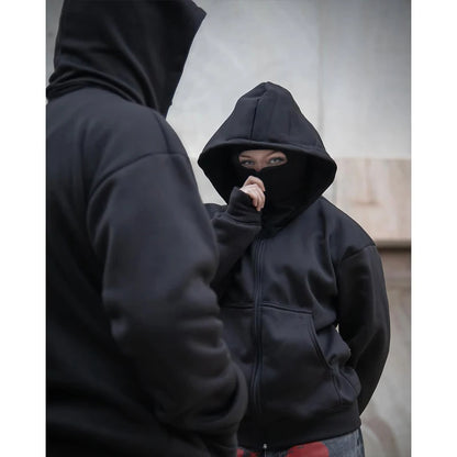 2025 Autumn/Winter New Men's and Women's Double Hats with Hoodie Coat Zipper Windproof and Warm Couple Hip Hop Sports Top