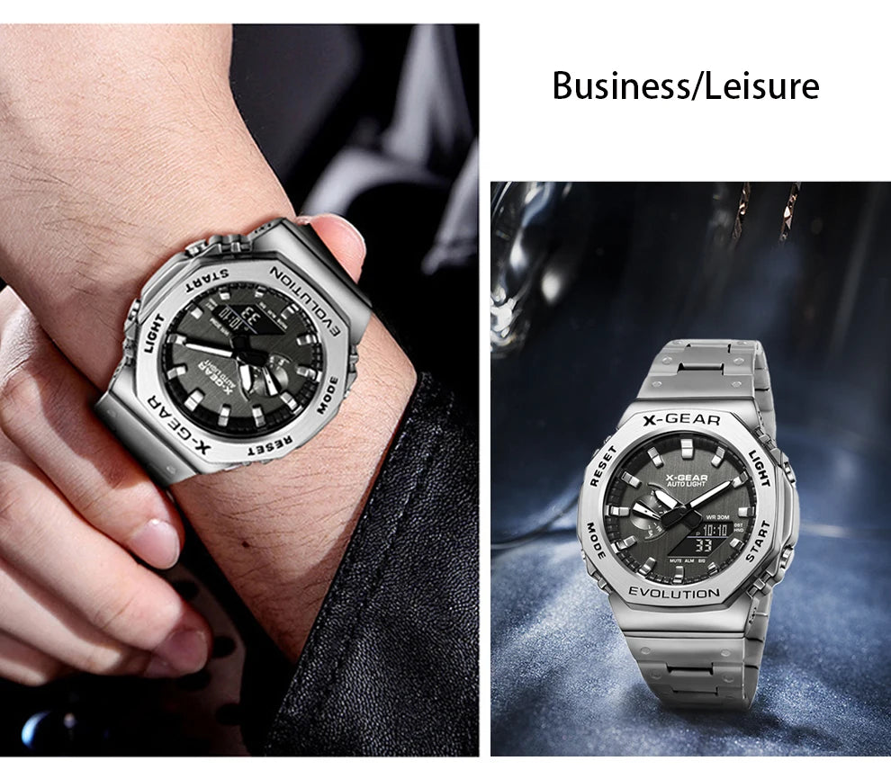 X-GEAR Digital Sports Electronic Unisex Watch Dual Display Full Function LED Alloy Large Time Steel Strap