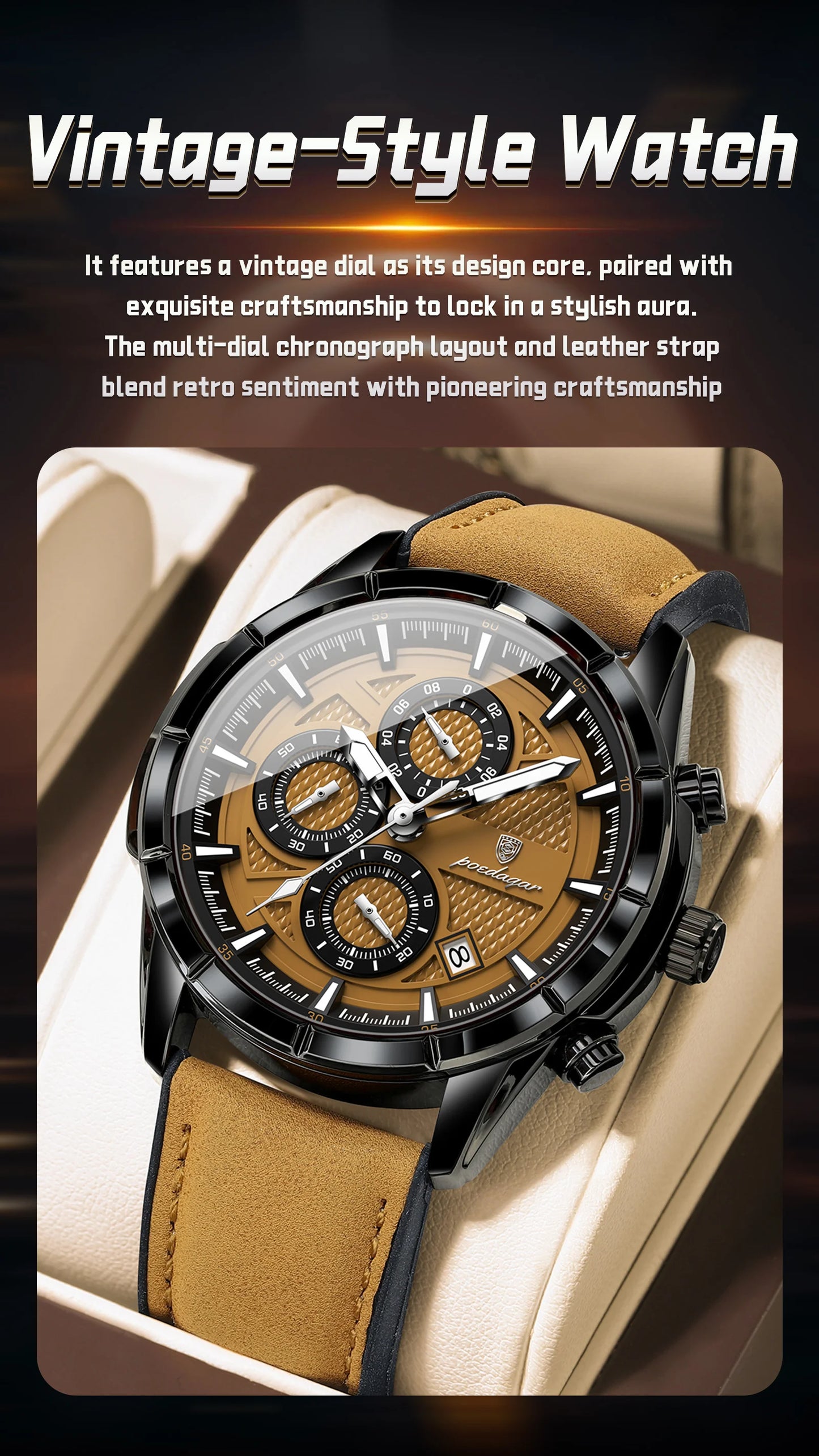 POEDAGAR Luxury Top Men Wristwatch Quartz Original Leather Men's Watches Date Chronograph Waterproof Luminous Man Watch Male+Box