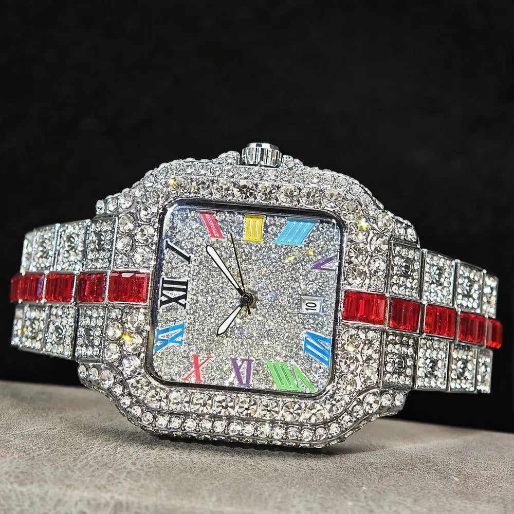 Hot Sale Blue Iced Watch For Man Fashion Colorful Roman Literal Quartz Watch Hip Hop Diamond Jewelry Square Wrist Watch Men Gift