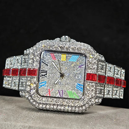 Hot Sale Blue Iced Watch For Man Fashion Colorful Roman Literal Quartz Watch Hip Hop Diamond Jewelry Square Wrist Watch Men Gift