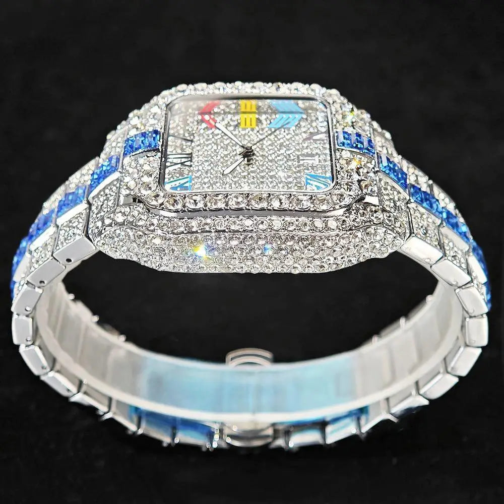 Hot Sale Blue Iced Watch For Man Fashion Colorful Roman Literal Quartz Watch Hip Hop Diamond Jewelry Square Wrist Watch Men Gift