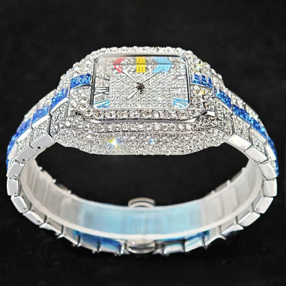Hot Sale Blue Iced Watch For Man Fashion Colorful Roman Literal Quartz Watch Hip Hop Diamond Jewelry Square Wrist Watch Men Gift