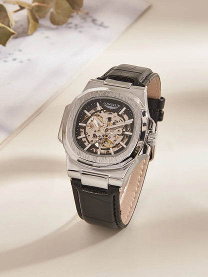 LONGLUX automatic mechanical watch outdoors simple luxury watches waterproof cheap wholesale skeleton leather mens watch gift