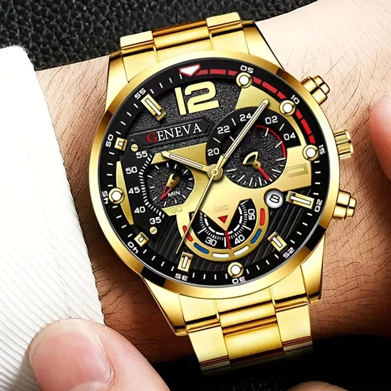 4Pcs/set Luxury Men Business Quartz Watch stainless steel Roman Calendar Wrist Watch Cross Necklace Bracelet Ring Set Men's Gift