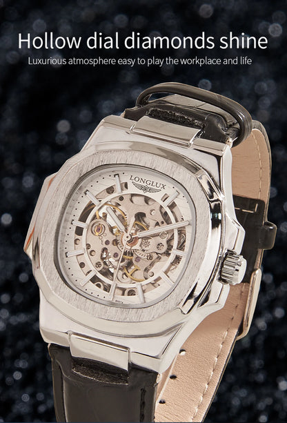 LONGLUX automatic mechanical watch outdoors simple luxury watches waterproof cheap wholesale skeleton leather mens watch gift