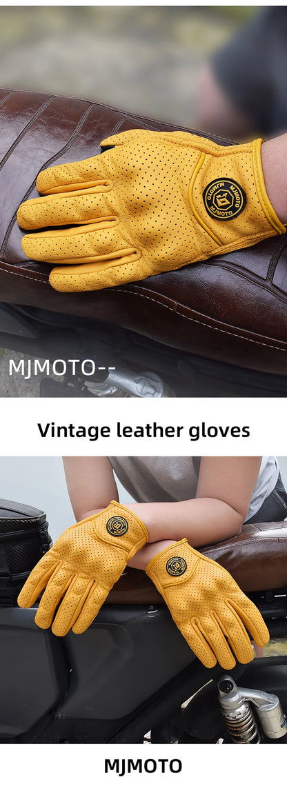Classic Retro Leather Motorcycle Gloves Summer Wear-Resistant Anti-Slip Men Women Mountain Bike Moto Biker Bicycle Accessories