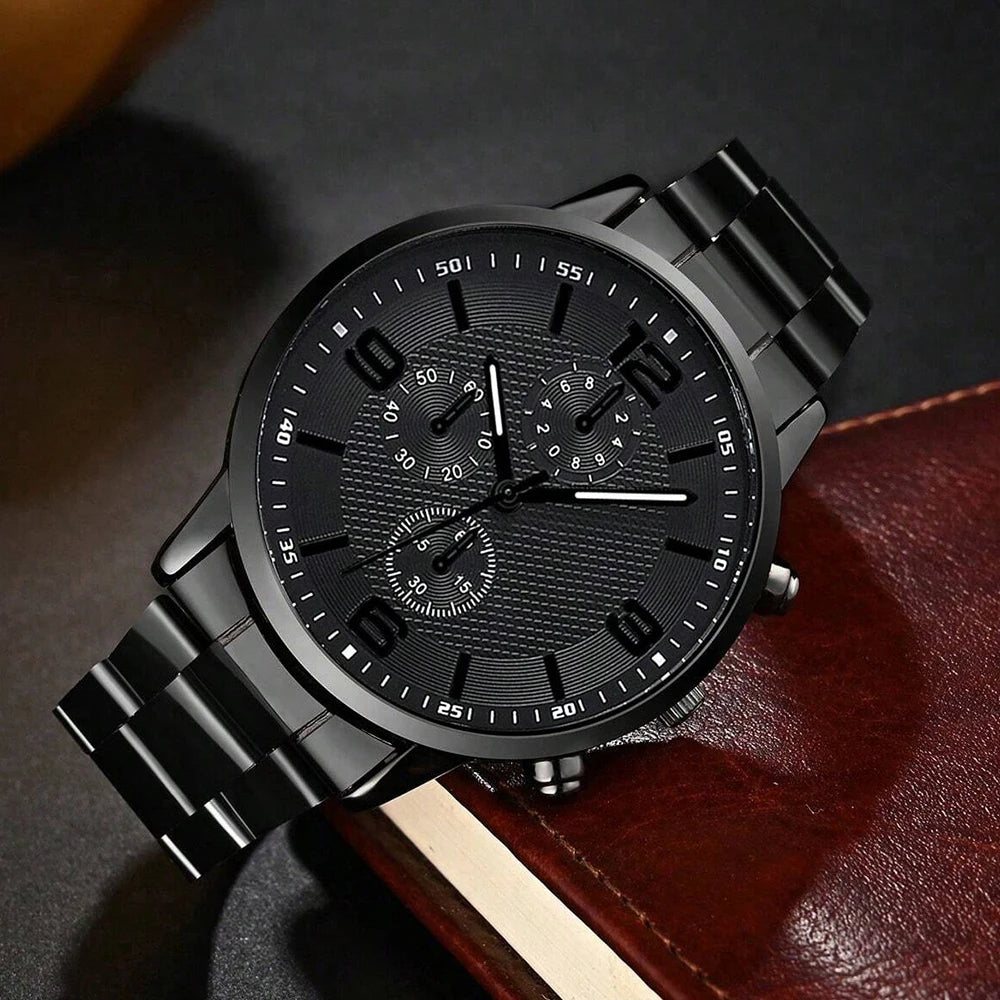 4PCS Business Men's Gift Box Watch Set Fashion Trend Quartz Watch Bracelet Necklace Ring Set Perfect Gift Set for Friends or Dad