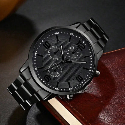 4PCS Business Men's Gift Box Watch Set Fashion Trend Quartz Watch Bracelet Necklace Ring Set Perfect Gift Set for Friends or Dad