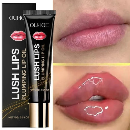 Lip plumper oil, instant volumizer, increases lip elasticity, long-lasting hydration, lip gloss, sexy beauty makeup.