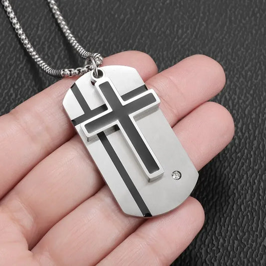 Men\'s Cross Necklace Stainless Steel Silver Color Faith Cross Bible Verse Dog Tag Pendant Necklace Birthday Gifts for Boys