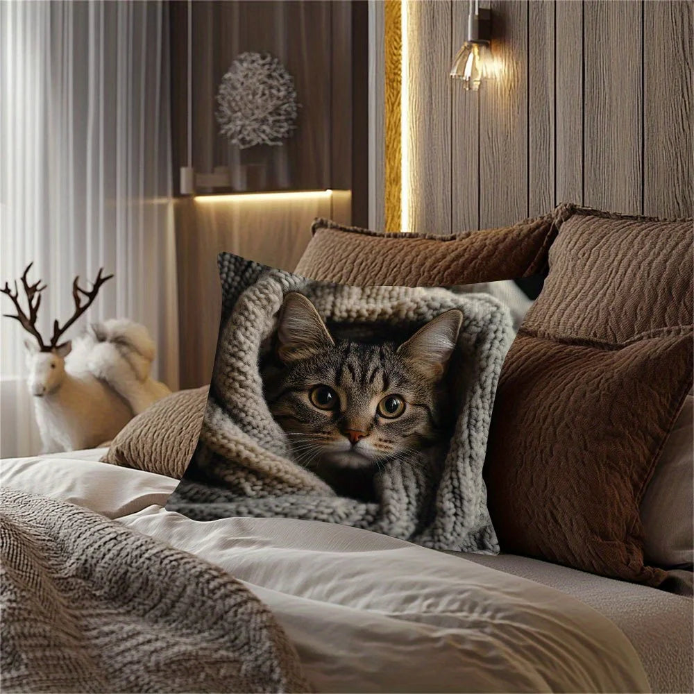 Velvet Tabby Cat Pillow Cover - Home Decor - Perfect gift for Valentine's Day, Thanksgiving, and Christmas. Pillow insert not included.