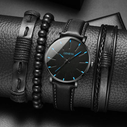 New Men's Watch Luxury Bracelet Multi Piece Set Fashion Business Black Leather Quartz Watch Men's Gift Set Reno Masculino