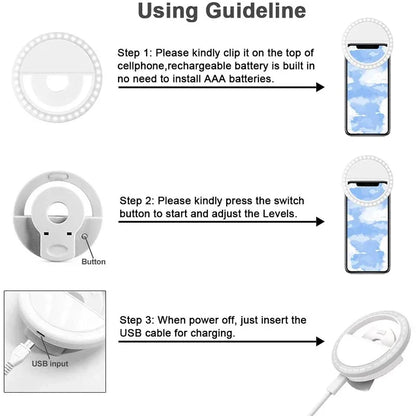 USB Charging LED Selfie Ring Light Lens for Mobile Phones, LED Selfie Ring Lamp for iPhone, Samsung, Xiaomi, Huawei Phone Selfie Light