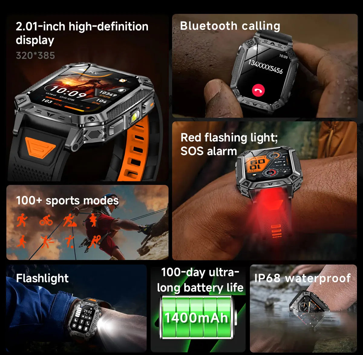 Robust military smart watch 1400Mah battery fitness tracking 10ATM waterproof tactical sports flashlight men's phone watch
