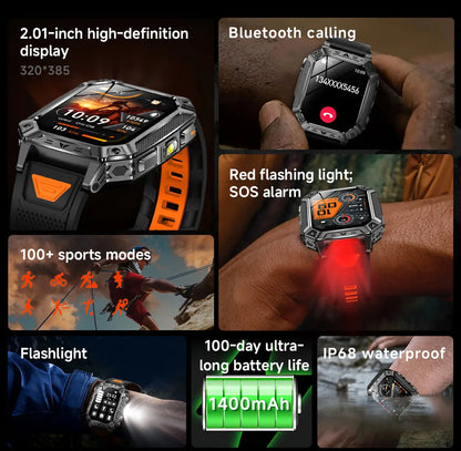 Robust military smart watch 1400Mah battery fitness tracking 10ATM waterproof tactical sports flashlight men's phone watch