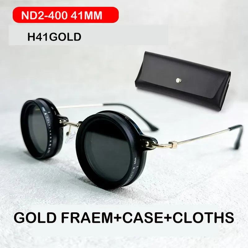 ND2-400 9 Level Adjustable Dimming Polarized Fishing Round Men Sunglasses Vintage Punk Driving Sunglasses Gift Hard Case
