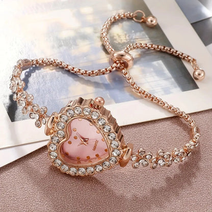 6pcs Women's Watch Rhinestone Heart Pointer Quartz Watch Cute Bracelet Wrist Watch &amp; Jewelry Set, Gift For Her