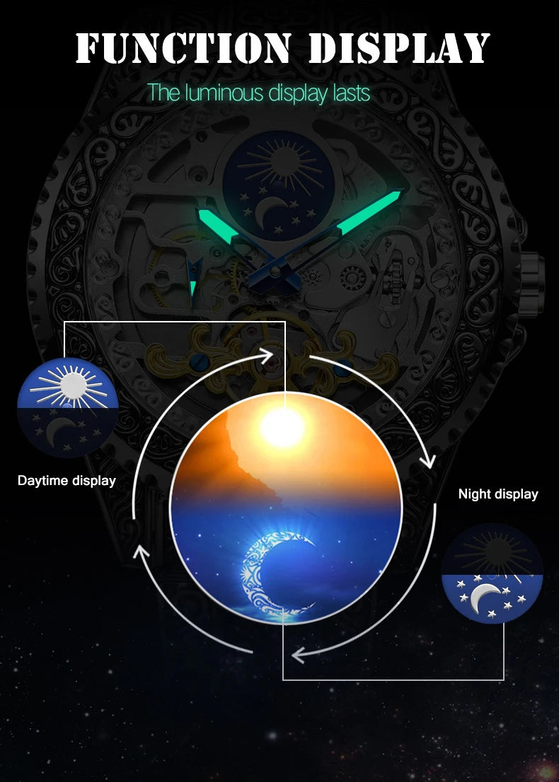Forsining Luxury Transparent Skeleton Automatic Mechanical Wristwatch Stainless Steel Moonphase Watch Mens Clock reloj hombre