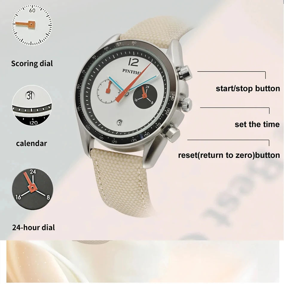 Round Sports Watch for Men Stopwatch Light Luxury Retro Leather Watch Strap Advanced Genuine Quartz Watch Waterproof Men's Watch