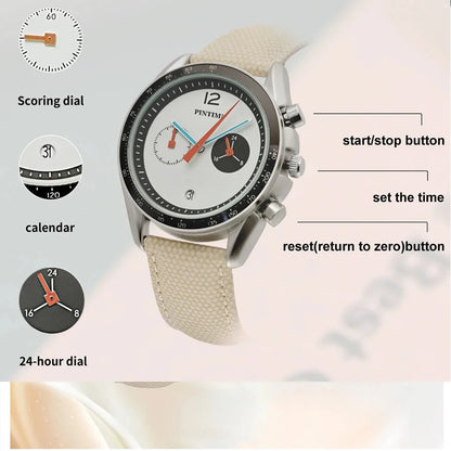 Round Sports Watch for Men Stopwatch Light Luxury Retro Leather Watch Strap Advanced Genuine Quartz Watch Waterproof Men's Watch