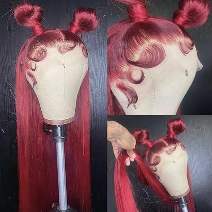 99J Colored Lace Front Human Hair Wigs Straight Burgundy 13x4  Transparent Full Lace Frontal Wig Red Brazilian Wigs For Women