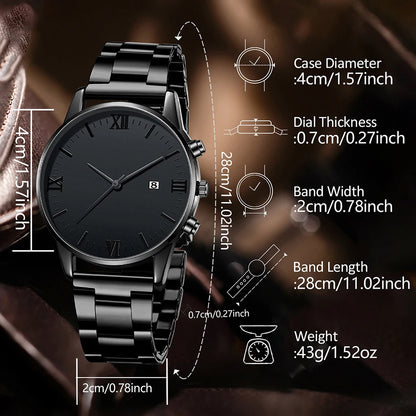 4PCS Men's Watch Set Business Versatile Simple Quartz Watch Bracelet Necklace Ring Set for Daily Clothing Matching