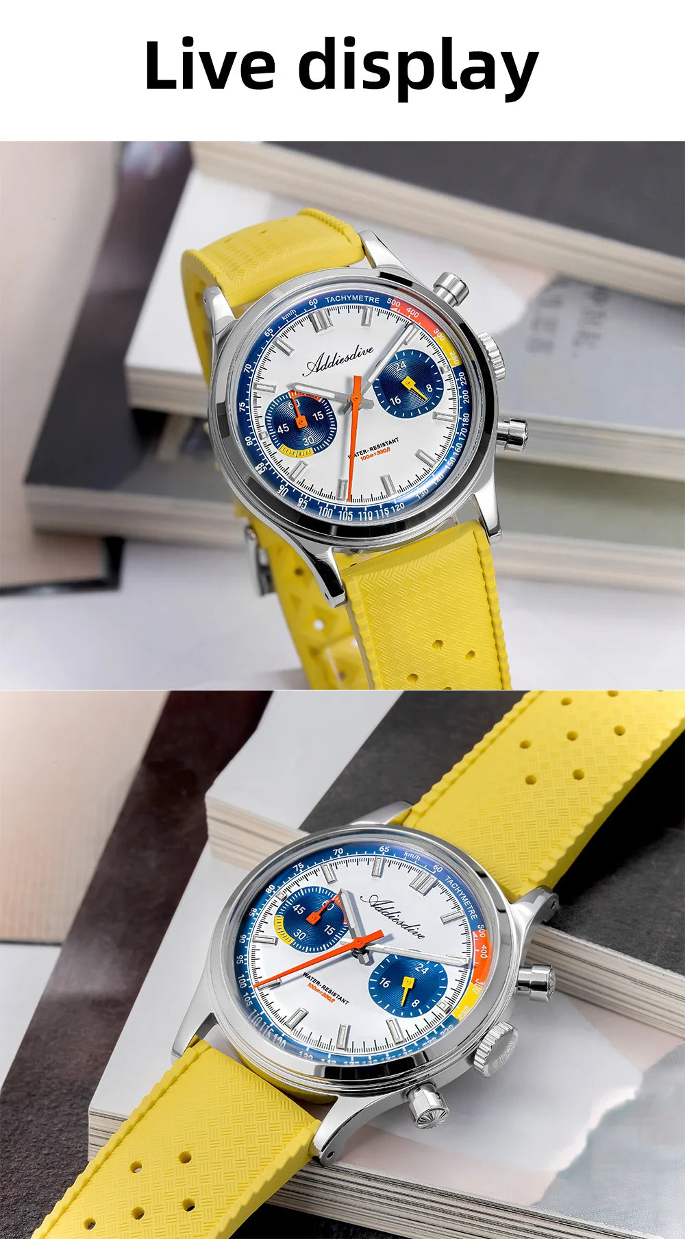 ADDIESDIVE New Men Watch 38mm VK64 Chronograph Fluororubber Luxury Domed Glass BGW9 Luminous 100m Waterproof Quartz Wristwatch
