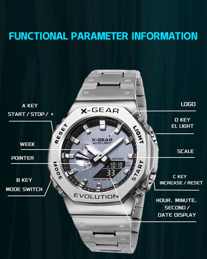 X-GEAR Digital Sports Electronic Unisex Watch Dual Display Full Function LED Alloy Large Time Steel Strap
