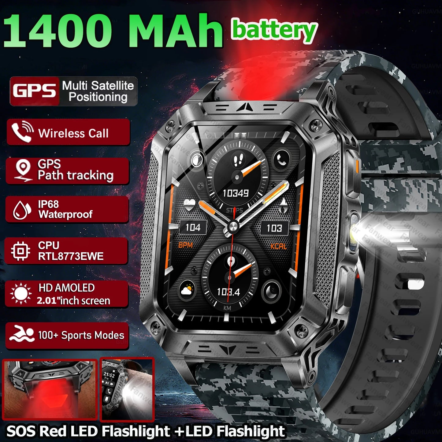 Robust military smart watch 1400Mah battery fitness tracking 10ATM waterproof tactical sports flashlight men's phone watch