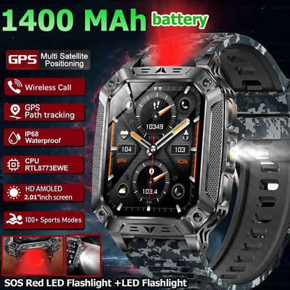 Robust military smart watch 1400Mah battery fitness tracking 10ATM waterproof tactical sports flashlight men's phone watch