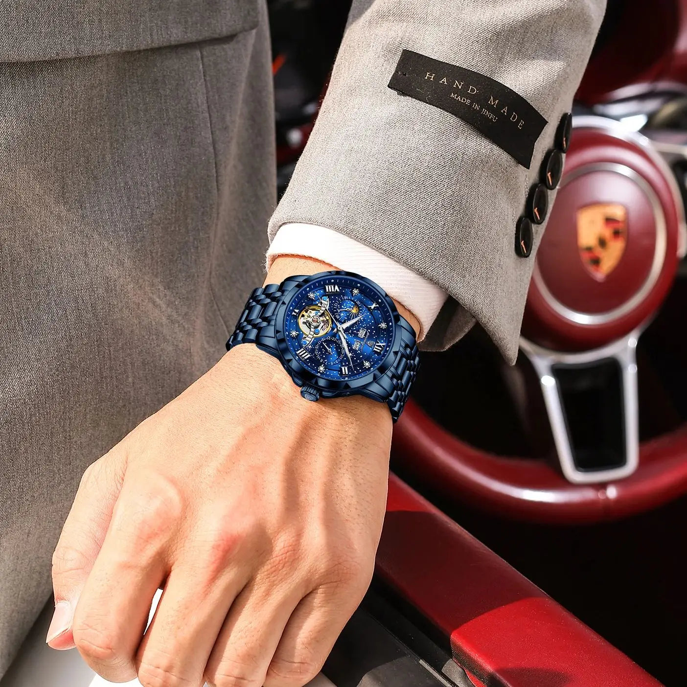 POEDAGAR Luxury Men Wristwatch Fashion Date Hollow Tourbillon Man Clock Automatic Mechanical Stainless Steel Men's Watches Reloj