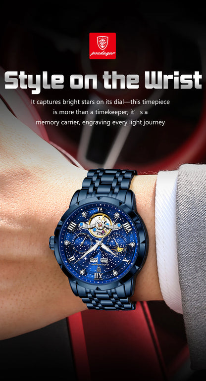 POEDAGAR Luxury Men Wristwatch Fashion Date Hollow Tourbillon Man Clock Automatic Mechanical Stainless Steel Men's Watches Reloj